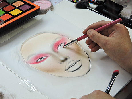 Liza Kondrevich face chart how to do eye makeup in pink eye shadow, with eye shadow palette and makeup brush