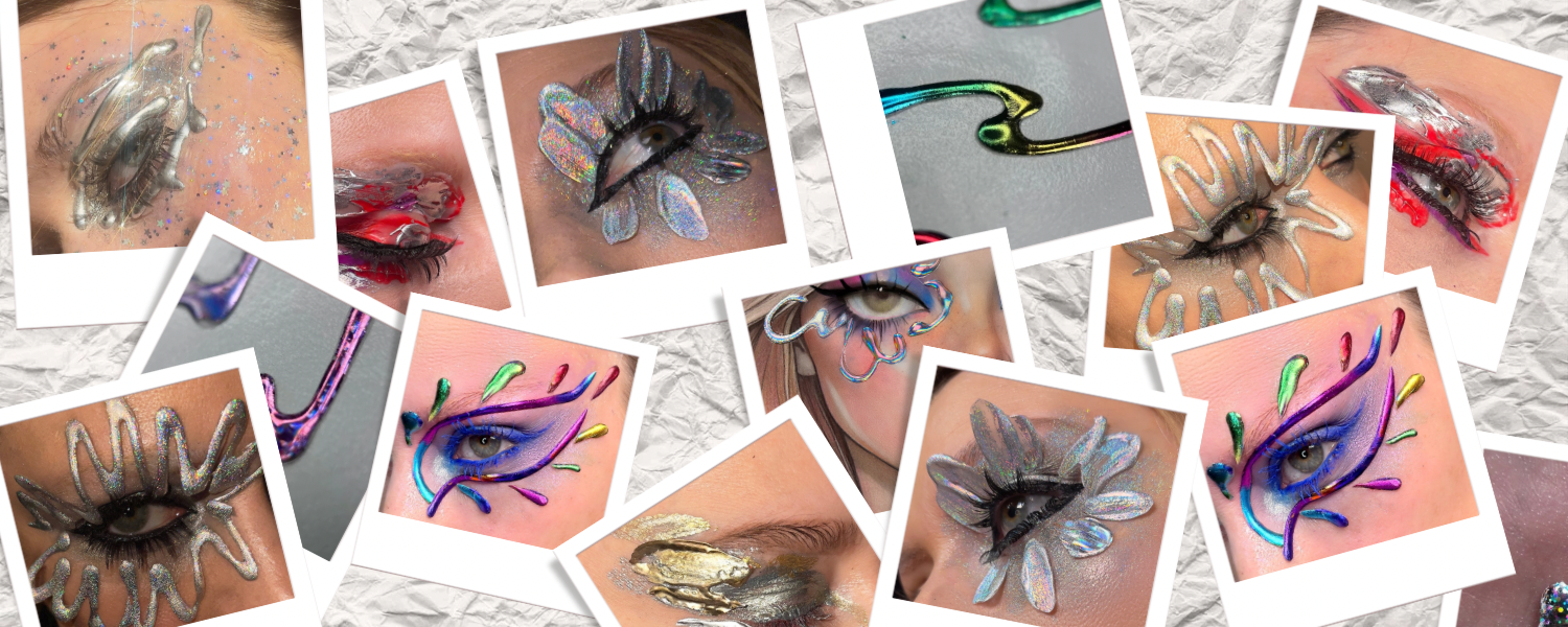 Collage of metallic and reflective eyeliner designs tested on face charts, showing experimental shapes, textures, and editorial makeup concepts.