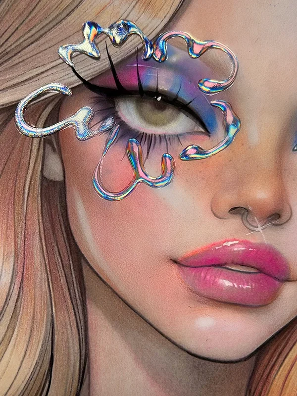 Face chart illustration featuring a metallic foil eyeliner design with reflective textures and graphic shapes, used to plan editorial makeup looks.