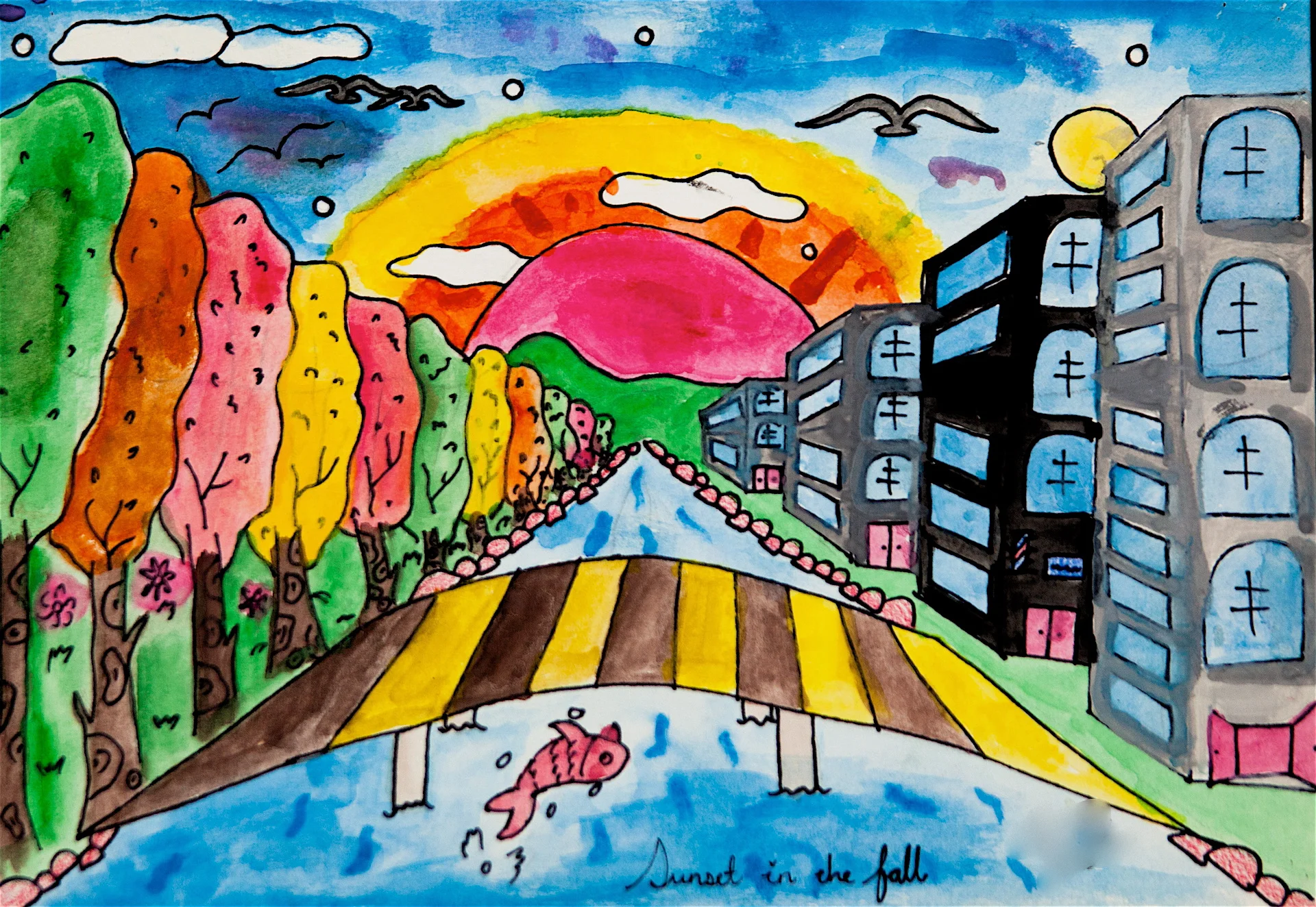 Grade 5~ City Scape, One Point Perspective Watercolour, Pen & Ink