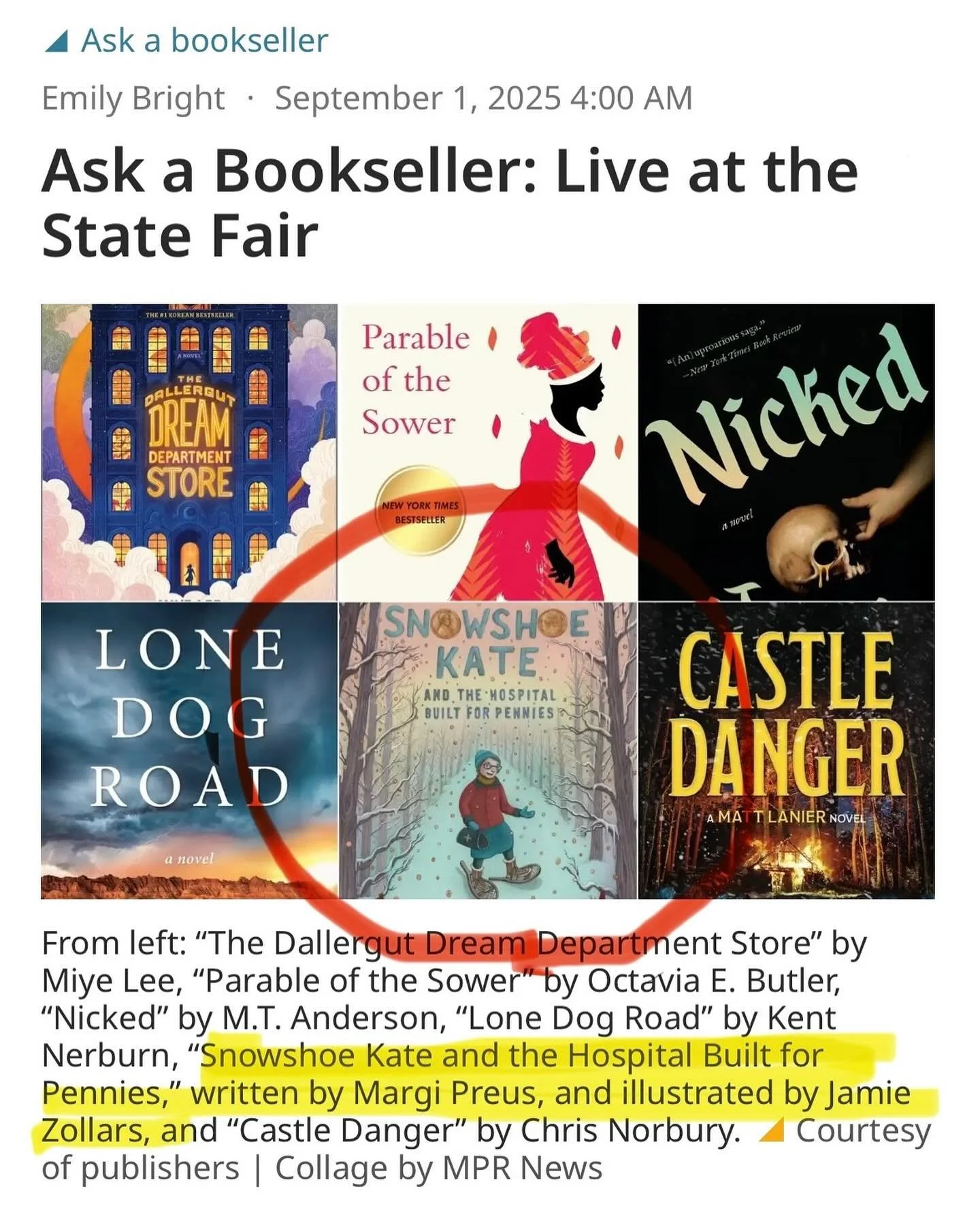 SNOWSHOE KATE was featured on MPR, Ask a Bookseller, live at the State Fair, along with these and other fine titles! Thanks, Sarah Brown and @zenithbookstore! SNOWSHOE KATE and The Hospital Built for Pennies tells the story of the real life Dr Kate w