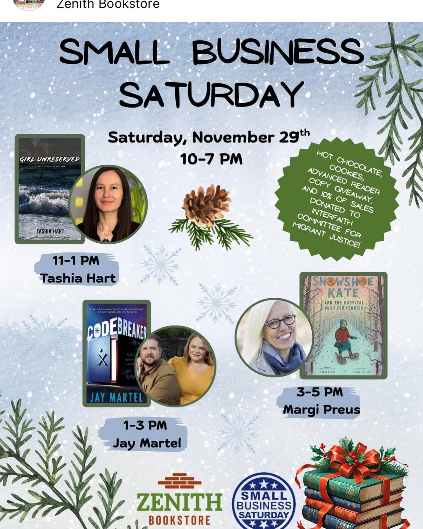 Support your indie bookstores Saturday Nov 29! I&rsquo;d love to see you 3 - 5 pm @zenithbookstore where I&rsquo;ll be signing SNOWSHOE KATE AND THE HOSPITAL BUILT FOR PENNIES and VILLAGE OF SCOUNDRELS and anything else you want!