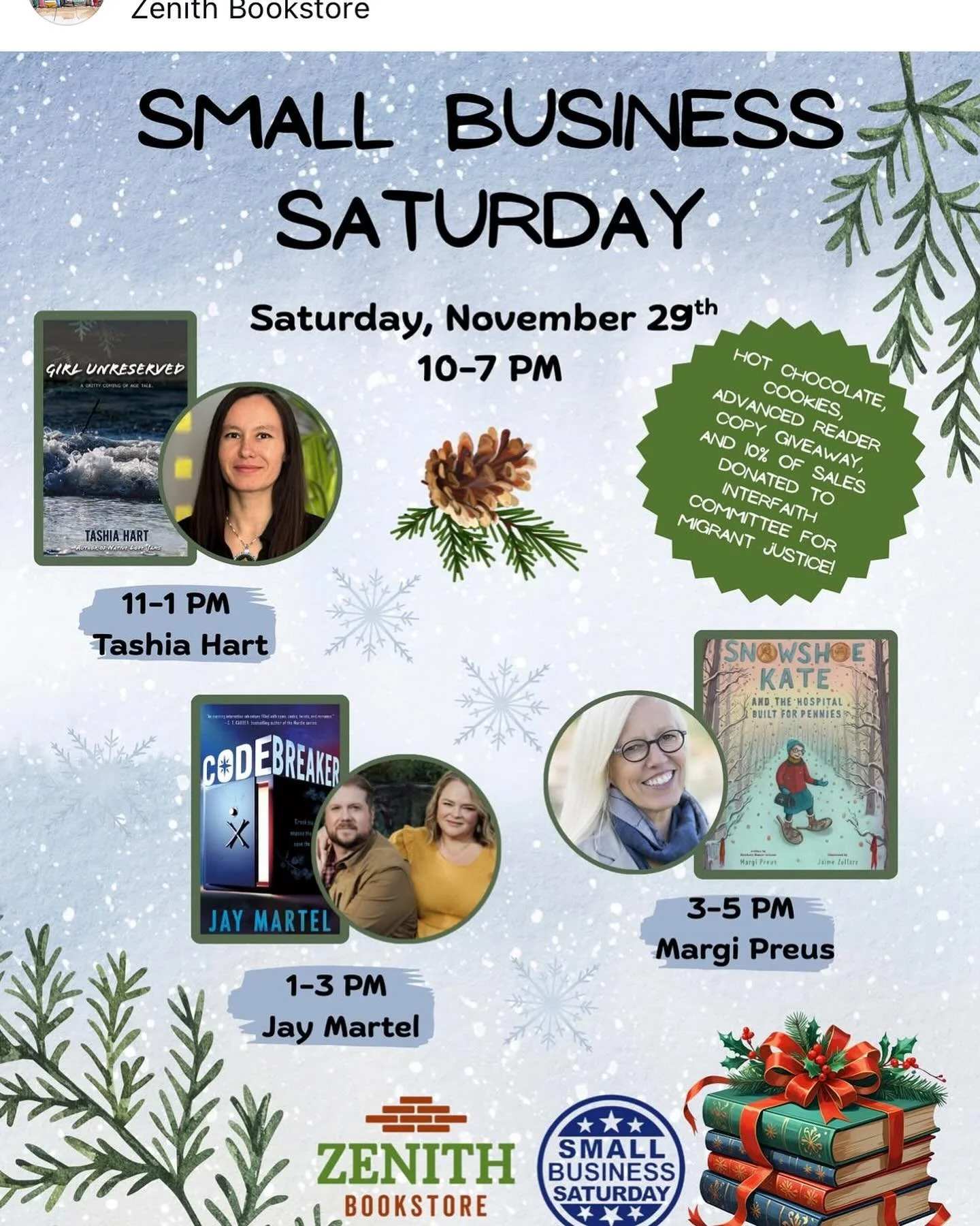 Support your indie bookstores Saturday Nov 29! I&rsquo;d love to see you 3 - 5 pm @zenithbookstore where I&rsquo;ll be signing SNOWSHOE KATE AND THE HOSPITAL BUILT FOR PENNIES and VILLAGE OF SCOUNDRELS and anything else you want!