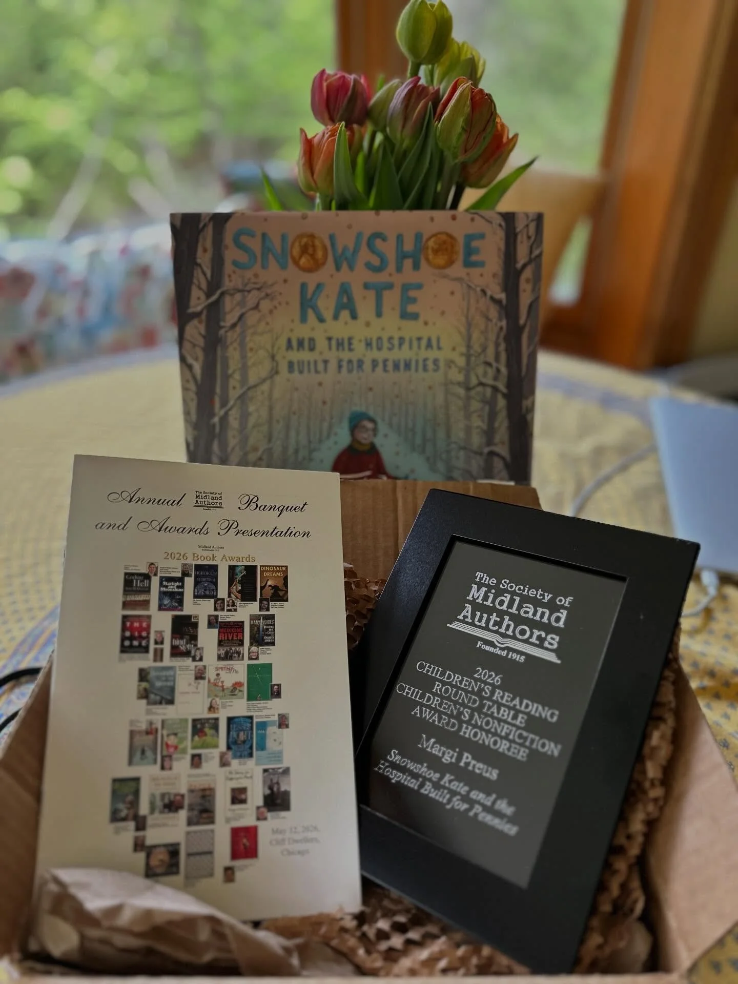 Best kind of mail! Thank you, @midlandauthors for the honor bestowed on Snowshoe Kate and The Hospital Built for Pennies. Congrats to illustrator @jaimezollarsart and to all the winners and honorees and thanks, @abramskids 🎉