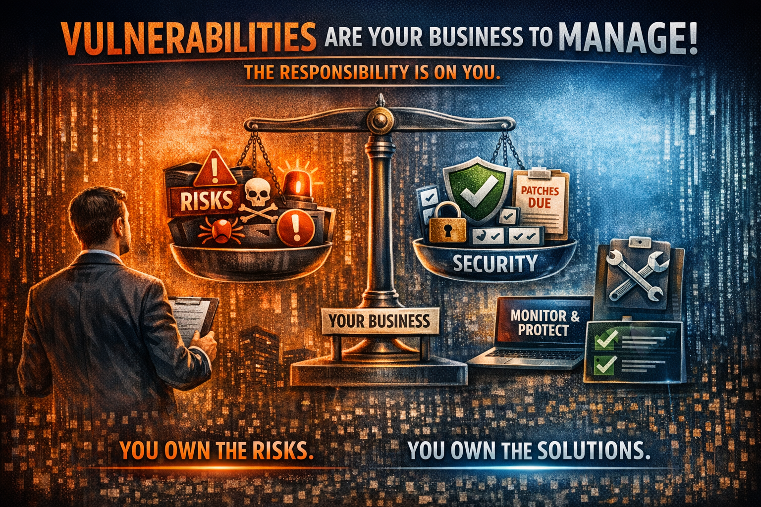 Cybersecurity illustration showing a business weighing security risks against patching, monitoring, and protection, emphasizing that vulnerability management is the responsibility of the business.