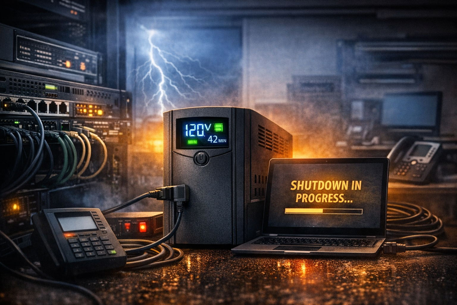 Uninterruptible power supply (UPS) protecting server equipment, network gear, and a workstation during a storm, showing graceful system shutdown in progress.