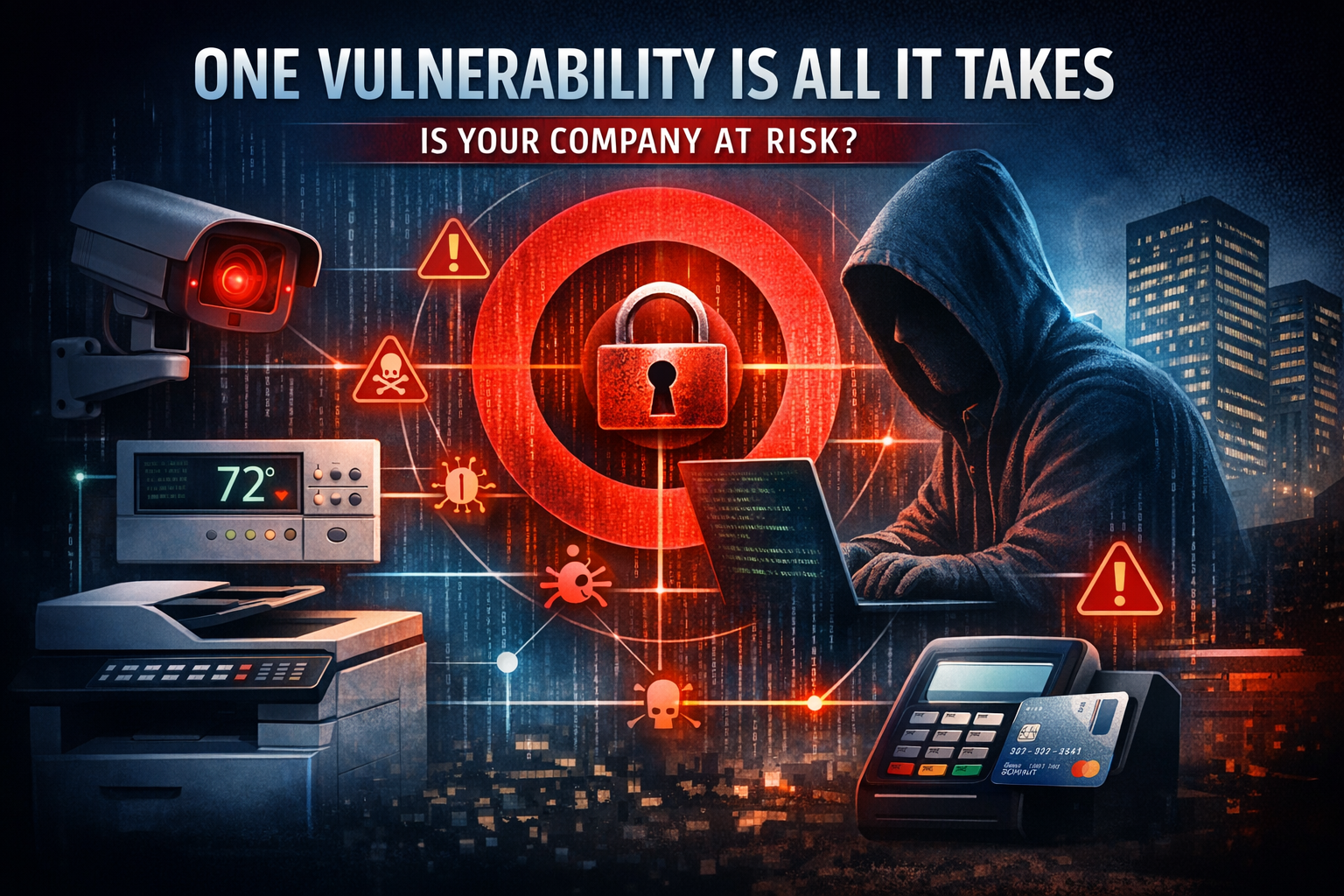 Cybersecurity illustration representing how unpatched IoT devices can expose Omaha area businesses to cyber attacks.