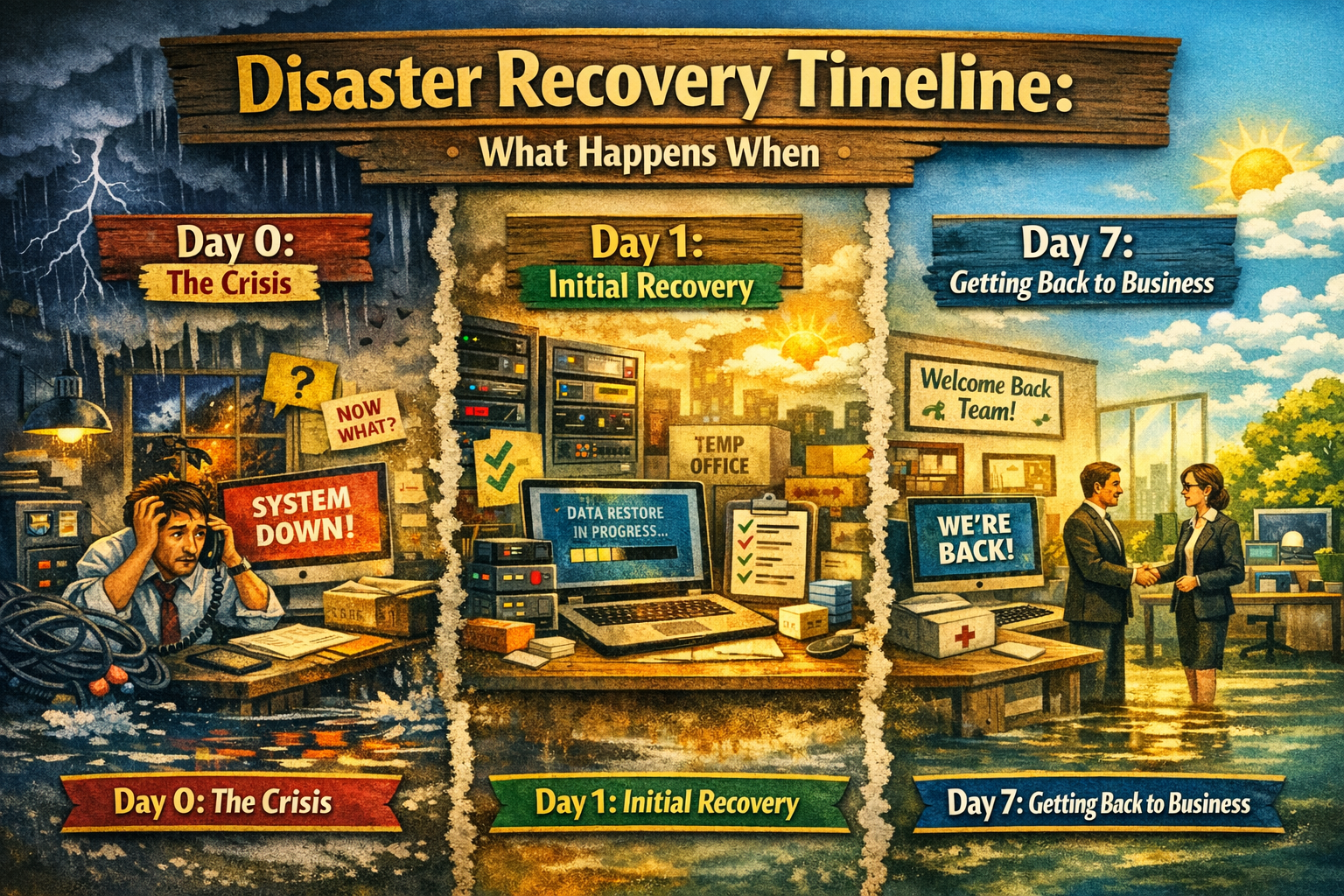 Illustrated disaster recovery timeline showing Day 0 system outage and crisis, Day 1 initial recovery with data restoration in progress, and Day 7 return to normal business operations after planned IT recovery.
