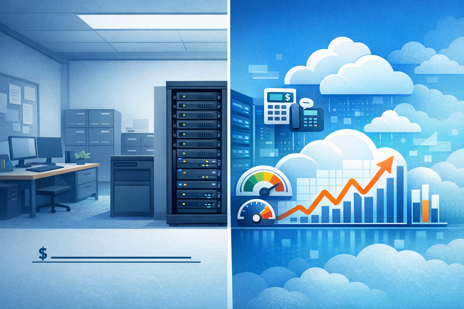 Illustration comparing on‑prem servers with cloud infrastructure and variable monthly costs.