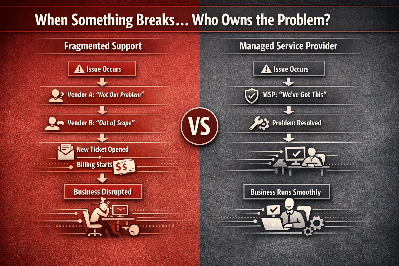 Flow diagram comparing fragmented IT vendor support with a managed service provider, showing how lack of ownership leads to billing and disruption while MSP ownership resolves issues and keeps the business running.