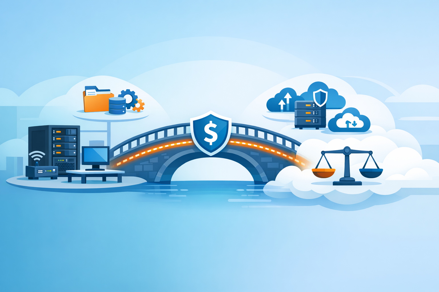Hybrid cloud diagram showing on‑prem systems securely connected to cloud services.