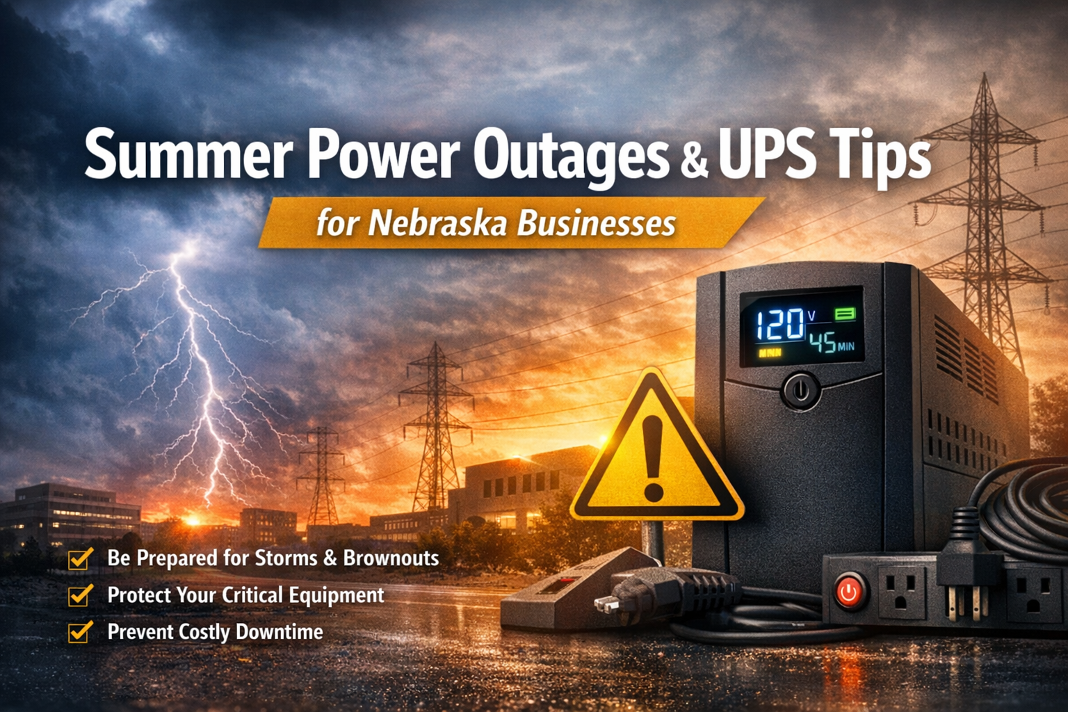 Storm clouds and lightning over a city skyline with utility power lines and a battery backup (UPS) in the foreground, highlighting summer power outages and preparedness for Nebraska businesses.