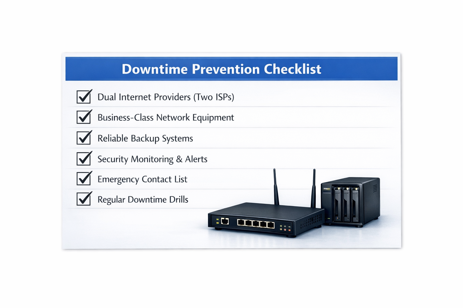 Downtime prevention checklist for clinical healthcare IT, including dual ISPs, business-class network equipment, reliable backups, monitoring, emergency contacts, and regular drills.