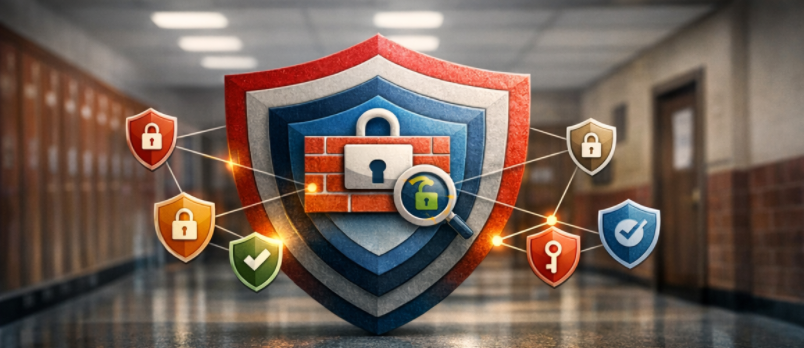 Layered security shield with multiple protection icons displayed in a private school hallway, representing a multi‑layered cybersecurity approach beyond a single firewall.