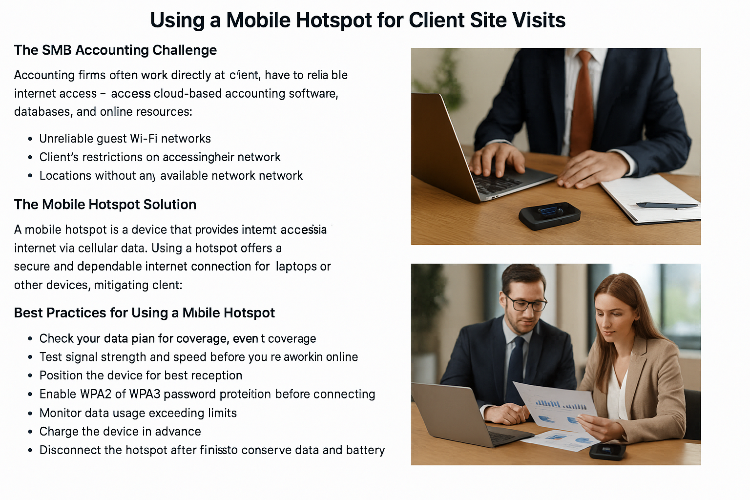 Accountant working onsite at a client office using a laptop and mobile hotspot for secure internet access