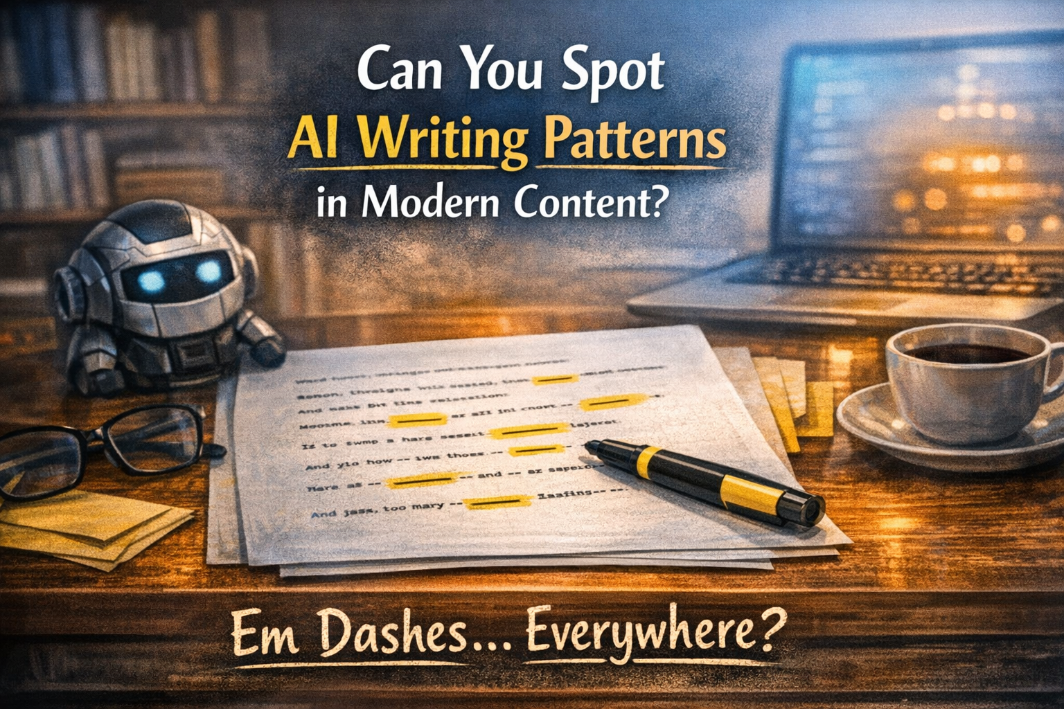 Desk with marked‑up writing highlighting em dashes, a laptop, and text asking whether AI writing patterns can be spotted.