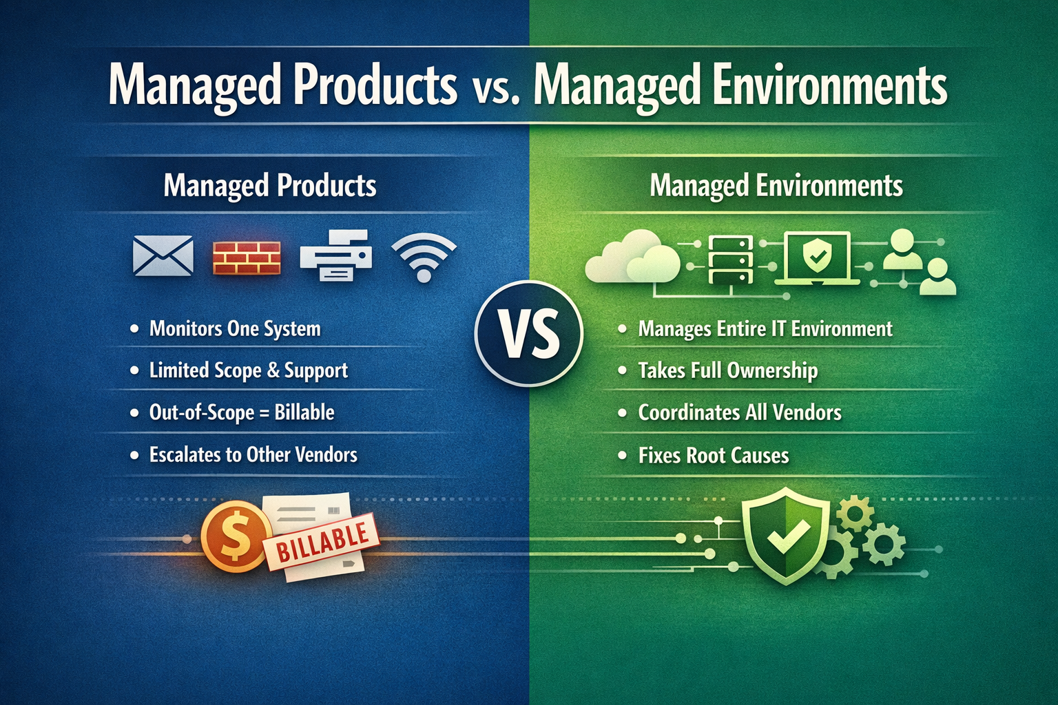 Comparison showing managed products versus managed IT environments, highlighting limited product scope and billable add-ons versus full ownership, vendor coordination, and root-cause resolution.