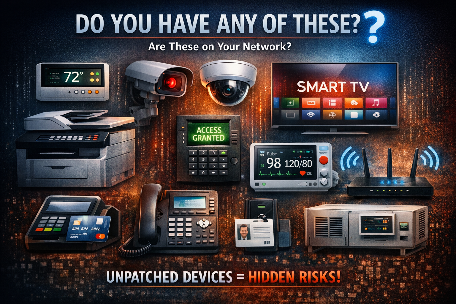 Common IoT and office devices connected to a business network, highlighting hidden cybersecurity risks.