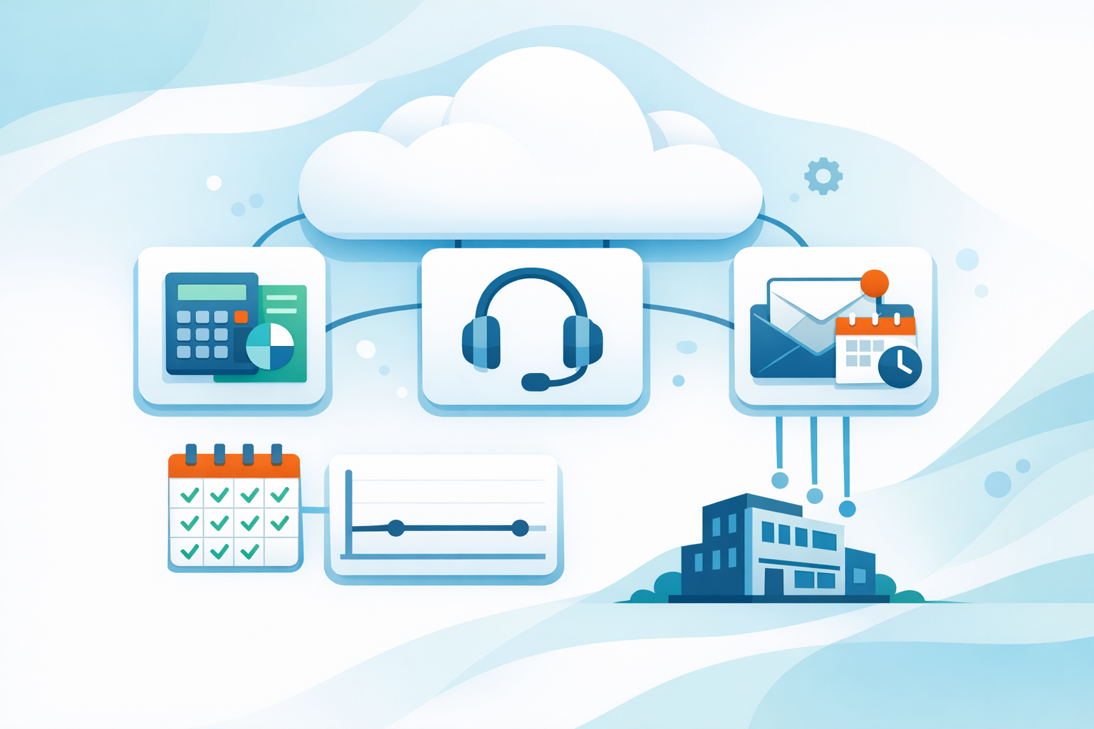 Icons representing hosted SaaS apps with predictable monthly pricing for small businesses.