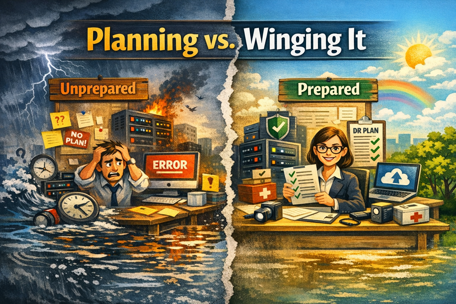 Split illustration comparing disaster recovery planning versus unprepared response, with a flooded chaotic office labeled “Unprepared” on the left and an organized workspace with a documented DR plan labeled “Prepared” on the right.