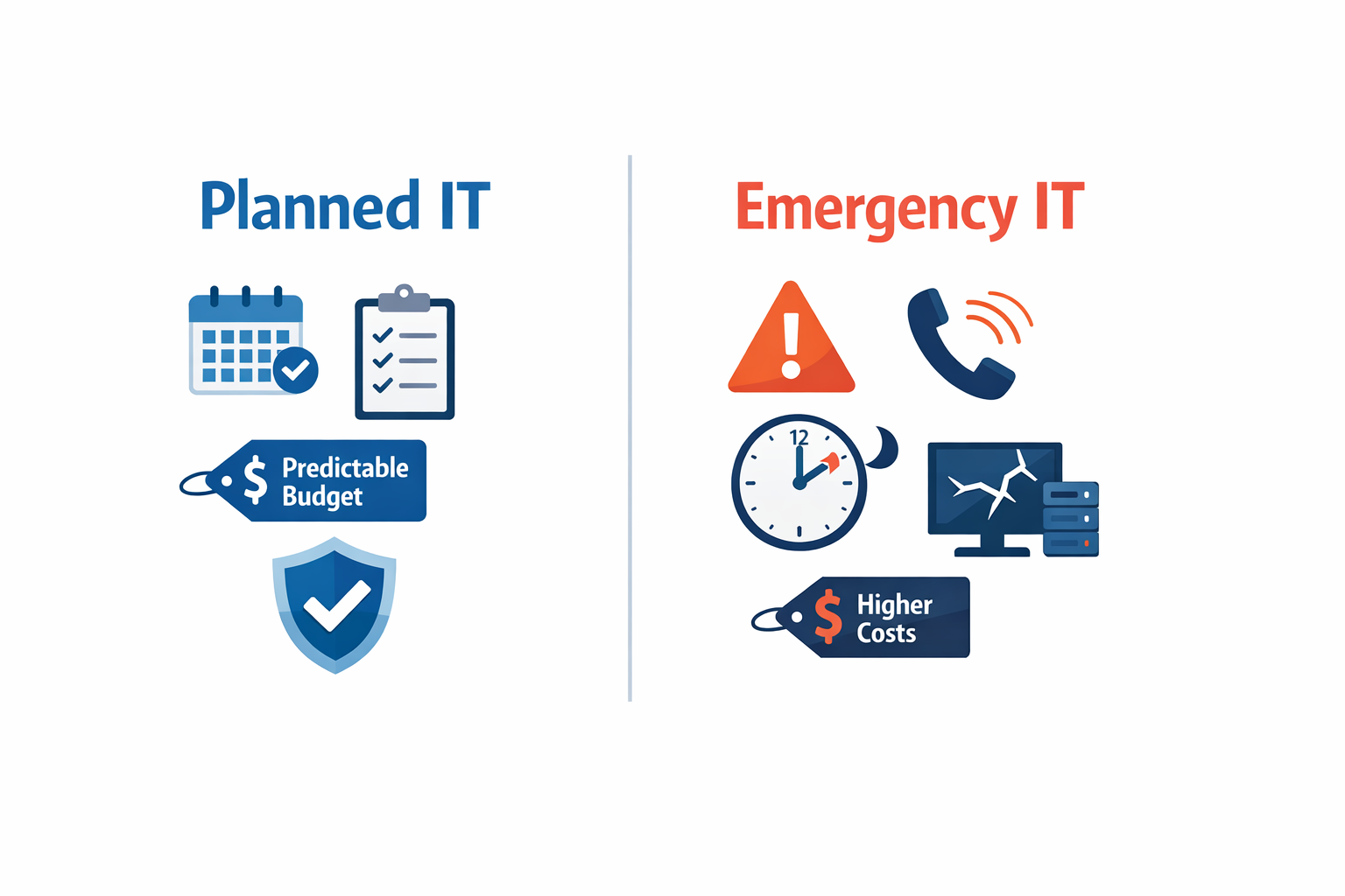 Graphic comparing planned IT work to emergency IT repairs and their higher cost and urgency.