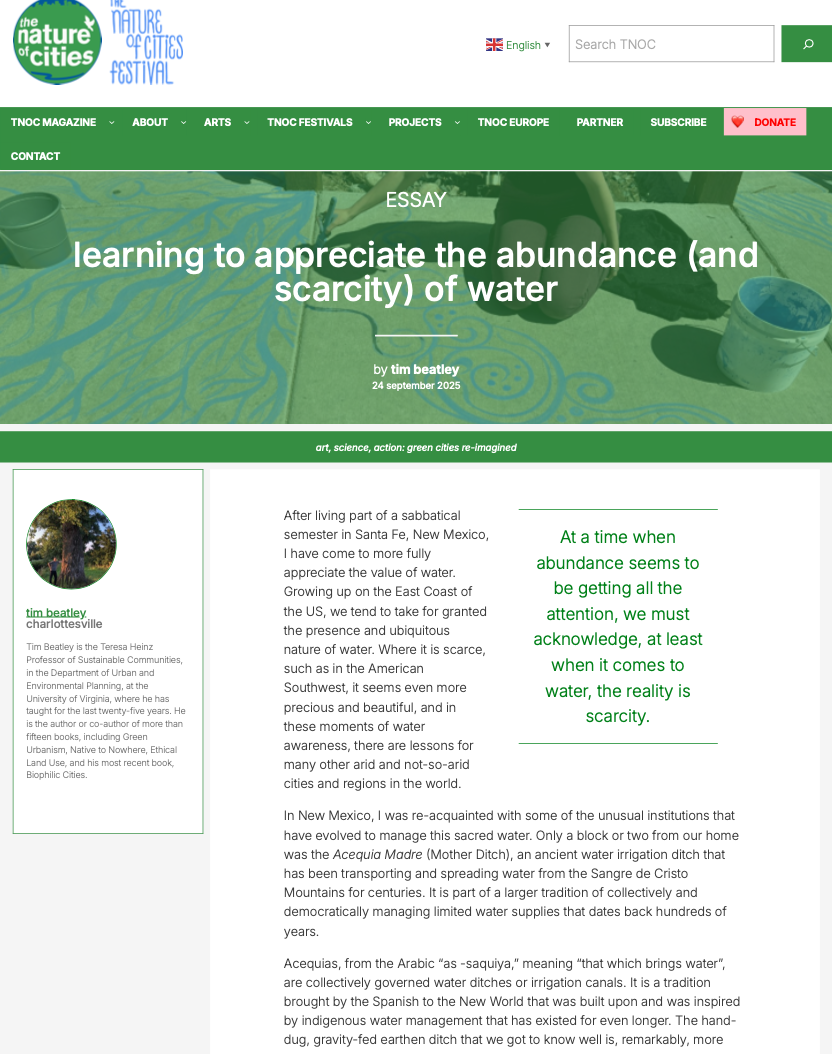 "Learning to Appreciate the Abundance (and Scarcity of) Water", Tim Beatley