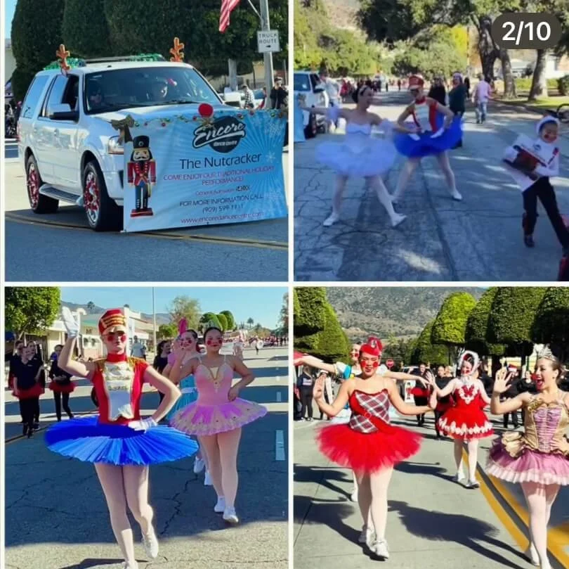 A holiday parade featuring decorated vehicles, children in costumes, and dancers in festive outfits.
