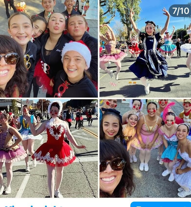 A collage of four photos featuring children and young adults dressed in costumes for a parade or celebration, with some dancing and smiling outdoors.