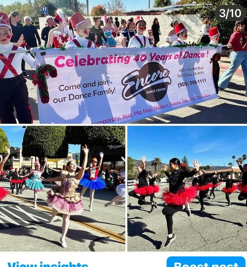 A parade featuring mostly young dancers, including clowns, celebrating 40 years of a dance center called Smaze Dance Centre. The dancers are in colorful costumes, performing on a street with onlookers in the background.