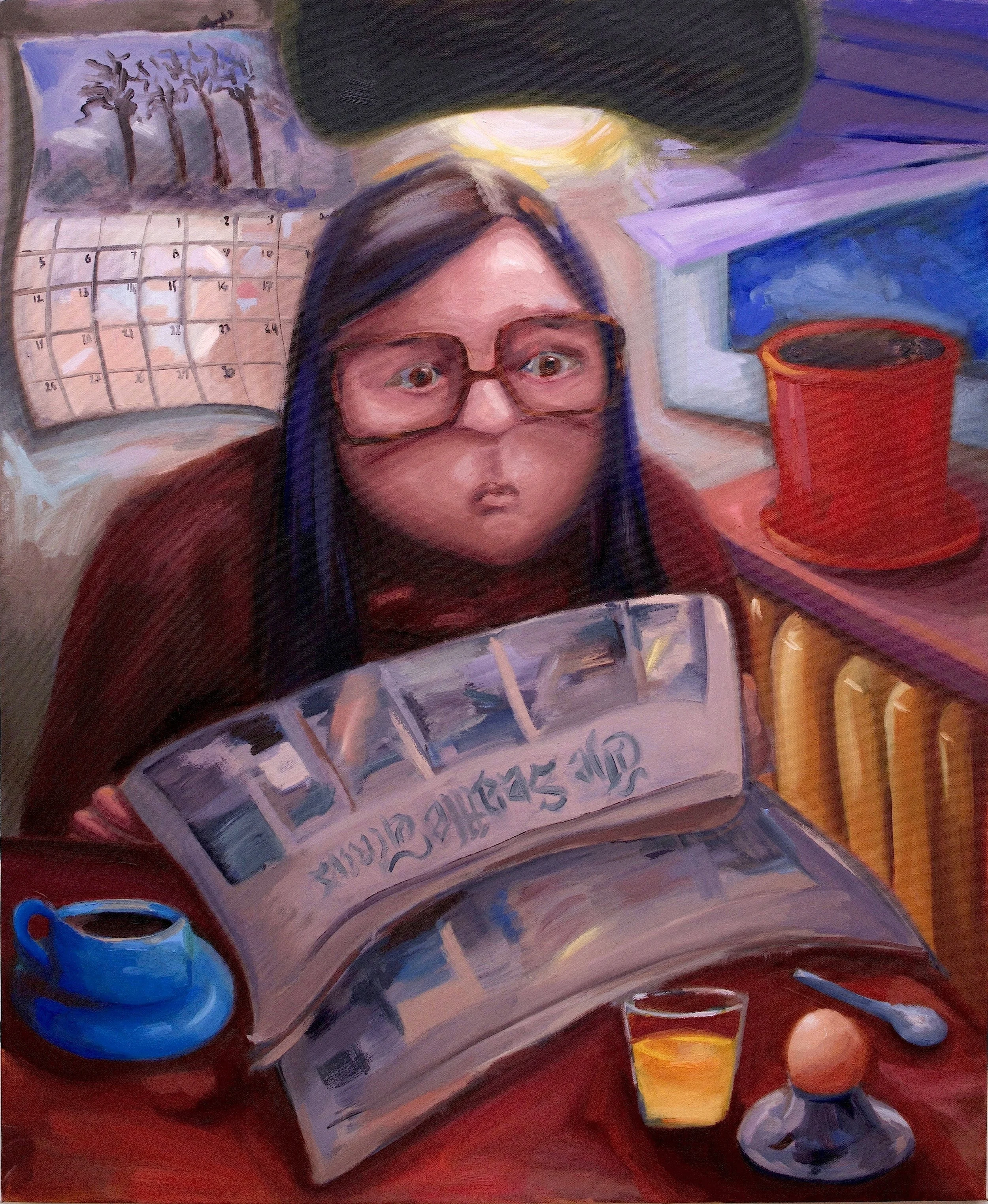 November (Reading your own obituary) Oil on canvas 44” x 36”
