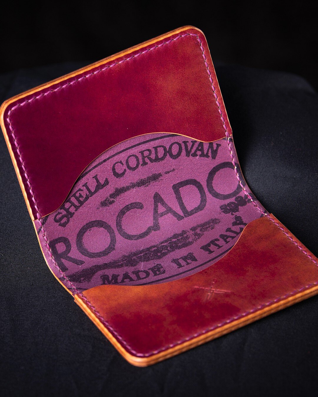 Four-pocket card wallet; hand stitched from Rocado Ultraviolet shell. Ritza thread color compliments this piece very nicely. This is very similar to the wallet that I carry everyday, but my own doesn't include the tannery stamp (because this one does