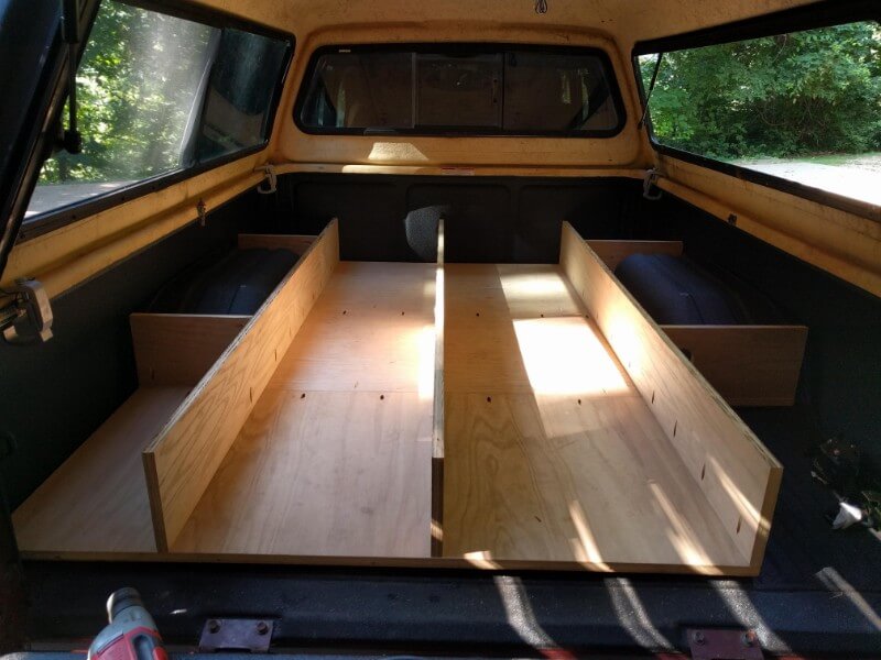 pickup truck sleeping platform build sliding drawer dividers