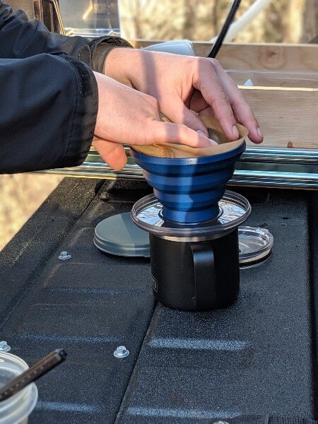 cone filter in gsi javadrip on yeti mug to make camping coffee