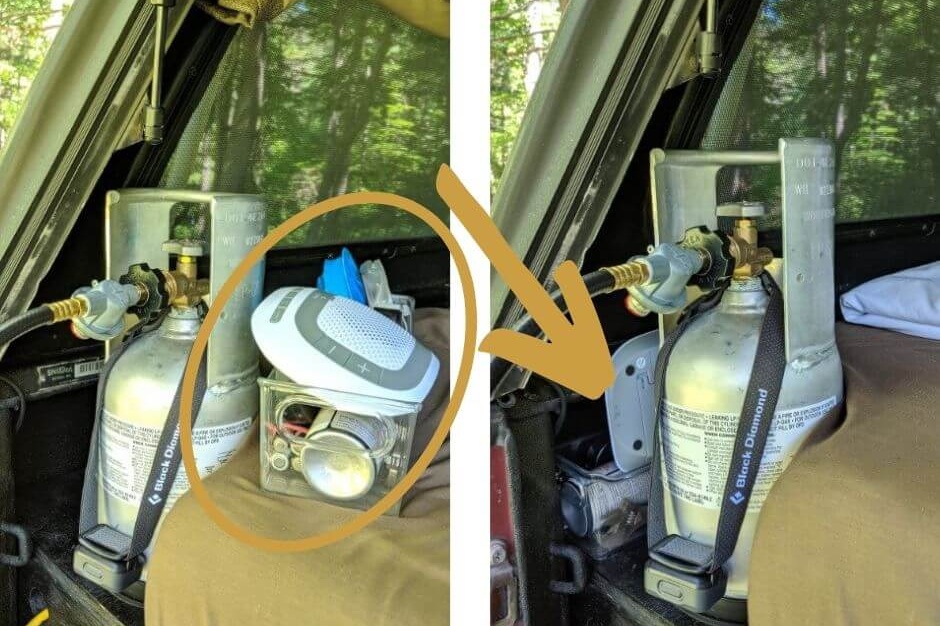 Basket on left side of mattress/under bed rails. Easy to access when tailgate is down or when inside