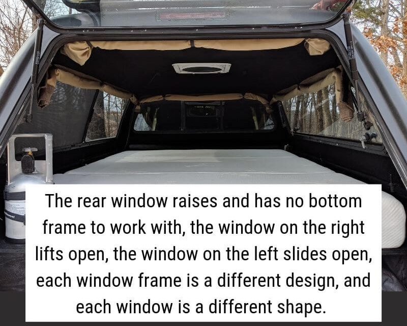 DIY camper shell curtain challenges when designing for different window shapes.
