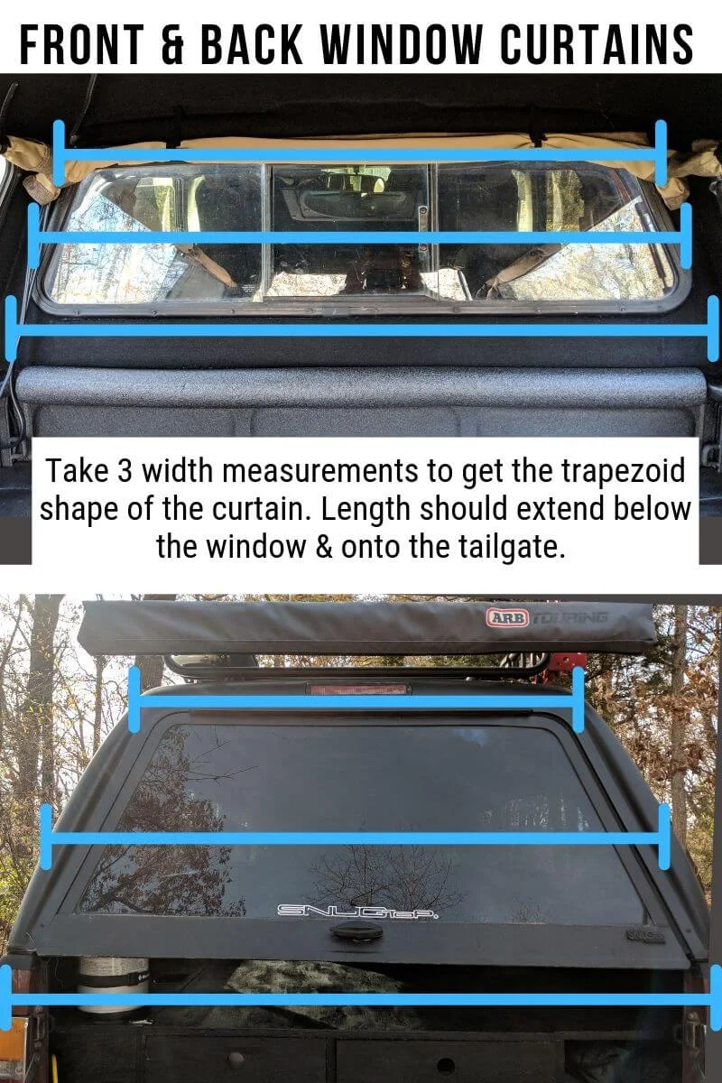 Details on taking measurement to measure front and back hatch truck shell windows for diy camper curtains.