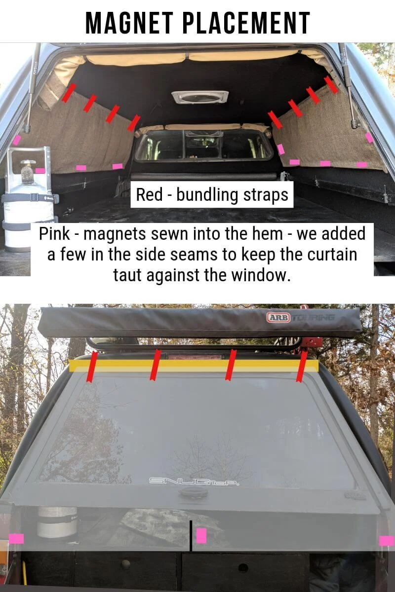 DIY truck shell curtain design using velcro, bundling straps, and magnets.