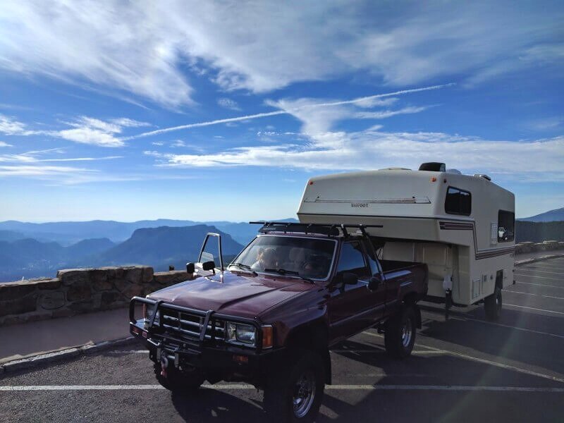 toyota pickup 5th wheel camping on trail ridge road rocky mountain national overlanding