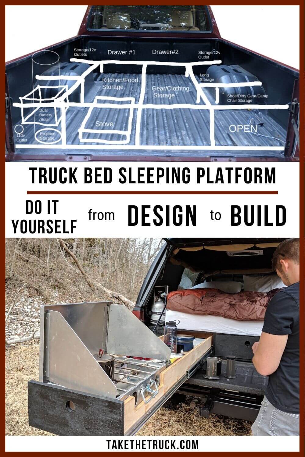Detailed DIY truck camper plans and diagrams to build an awesome truck bed camping platform for sleeping with truck bed drawers for storage. Truck camping platform build made easy!