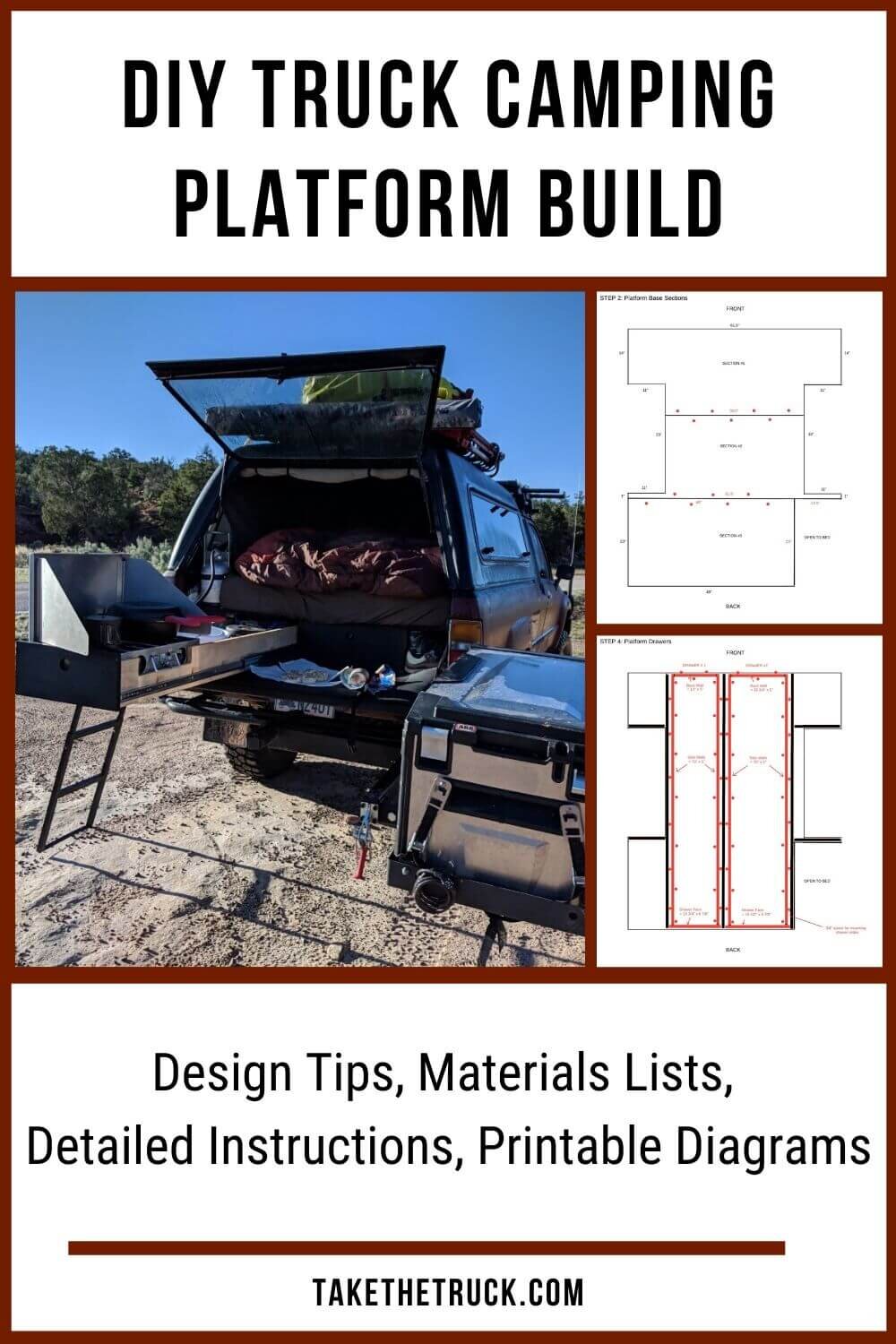 Detailed truck camper plans and diagrams to build an awesome DIY truck bed camping platform for sleeping with truck bed drawers for a storage system. Truck camping platform build made easy!