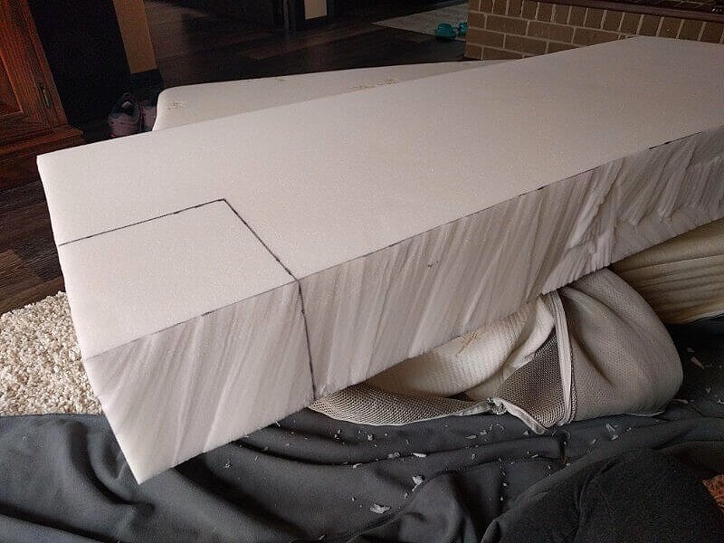 length cut from memory foam mattress using serrated bread knife