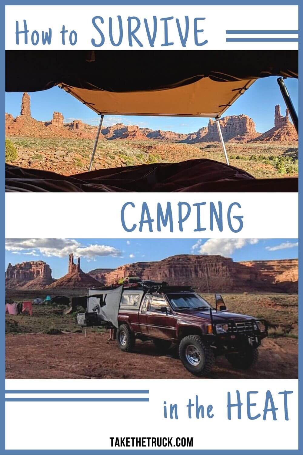 Tips and products on how to stay cool while camping in the heat. Summer camping in hot weather in a tent or truck bed, van, SUV, or car does not have to be miserable!