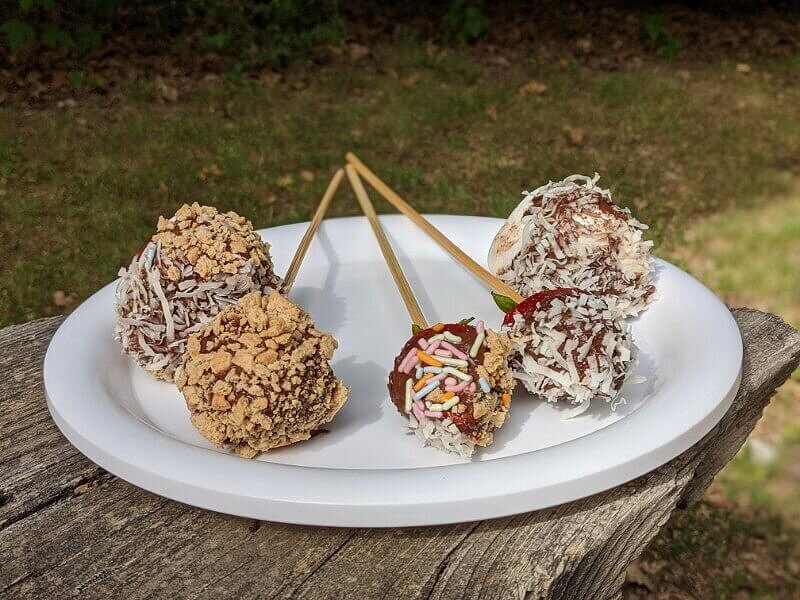 Marshmallow pops as a fun camping dessert for kids.
