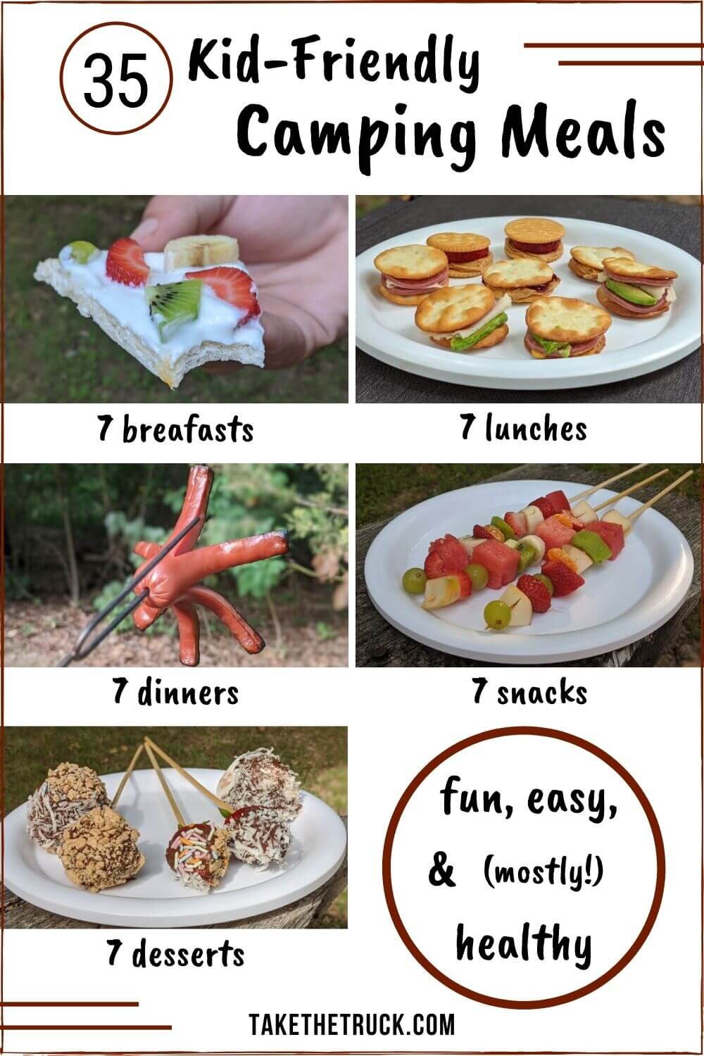 These 35 camping meals for kids are organized into camping breakfasts, lunches, dinners, plus healthy camping snacks and fun kid friendly desserts. Plenty of fun camping food ideas for kids!