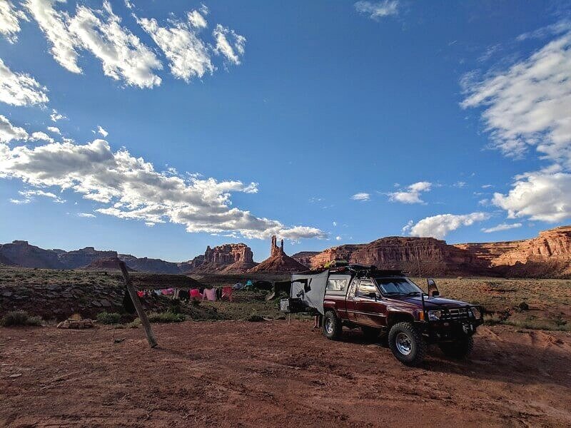 truck camping gear in use while overlanding on BLM land