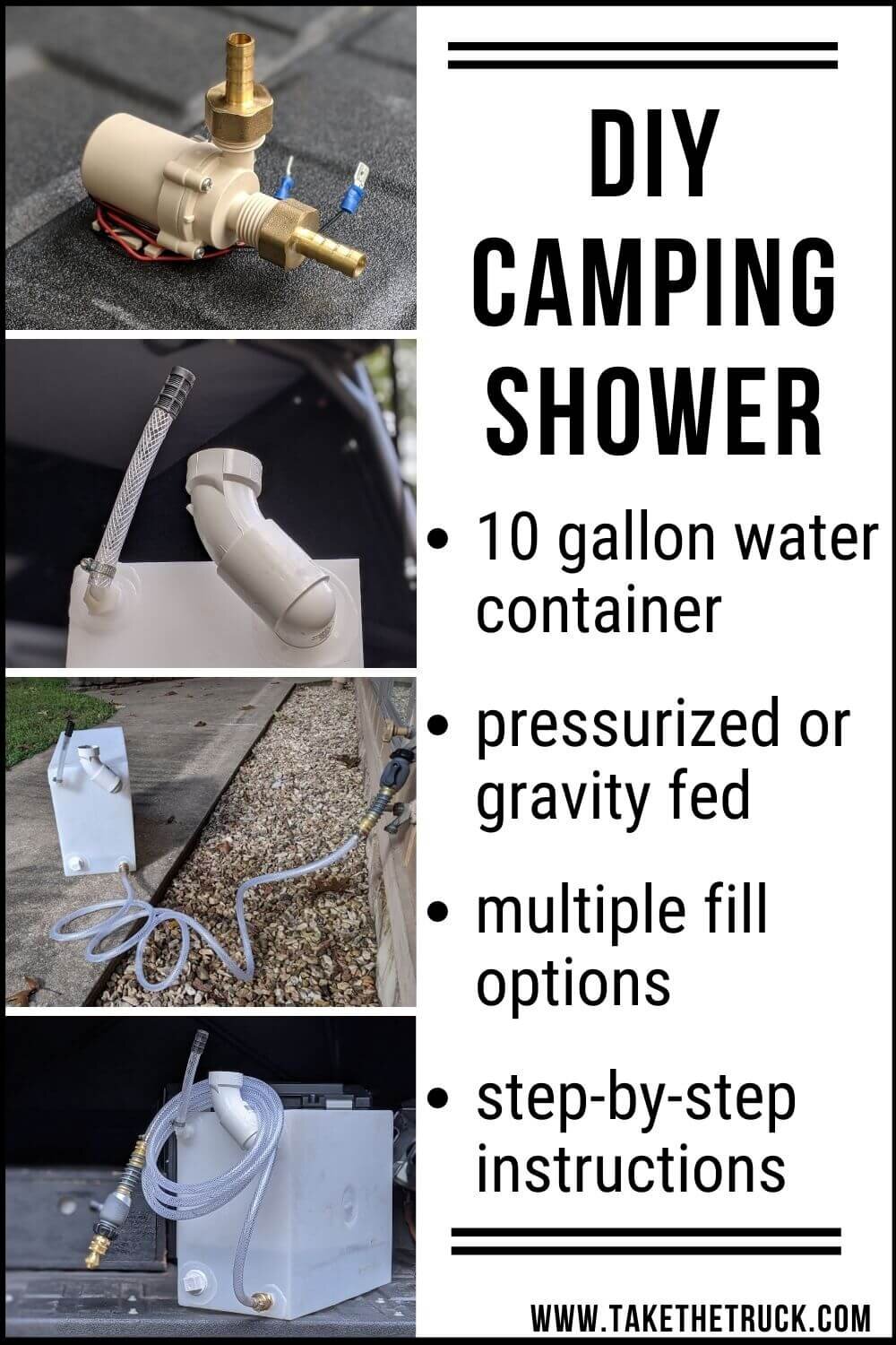 We love this camping water container! Learn how to make a gravity fed water tank or diy pressurized water tank for camping, which also works as a diy portable camping shower! 