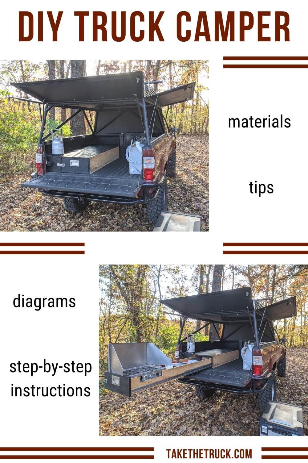 This post gives detailed truck bed camping platform plans and build instructions. This diy truck bed sleeping platform has a sliding truck drawer for more storage when you go camping in your pickup!