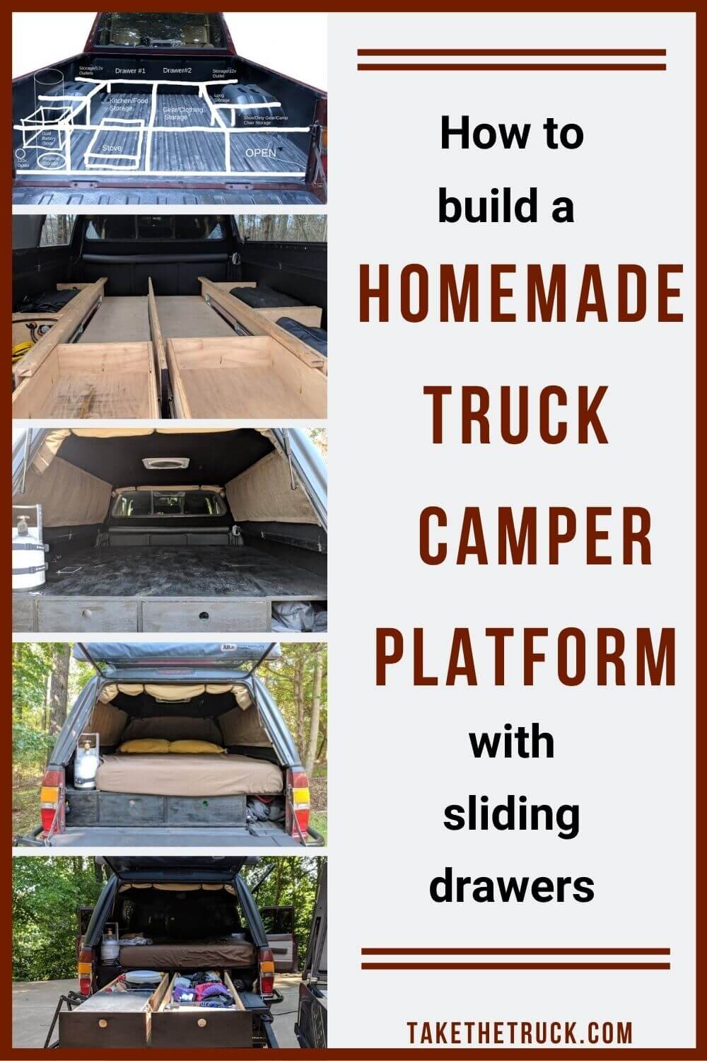 Detailed truck camper plans and diagrams to build an awesome truck bed camping platform for sleeping with truck bed drawers for storage. DIY truck camping platform build made easy!