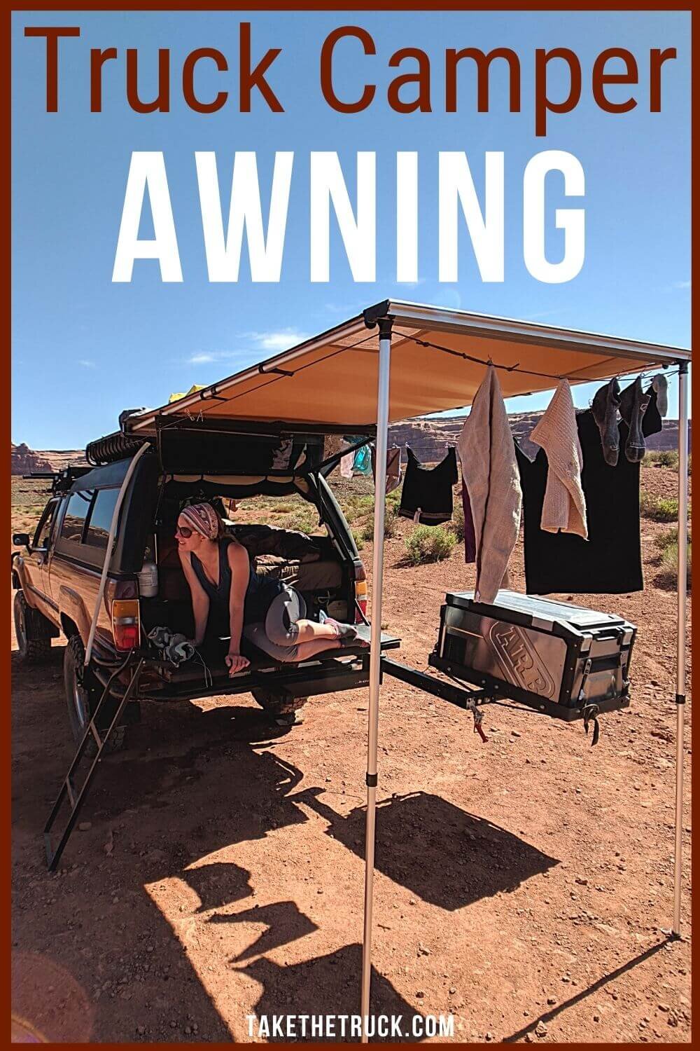 Researching truck camper awnings? This post tells how to mount a truck shell camper awning off the back of the truck. Having a truck camper rear awning keeps your kitchen out of the elements.