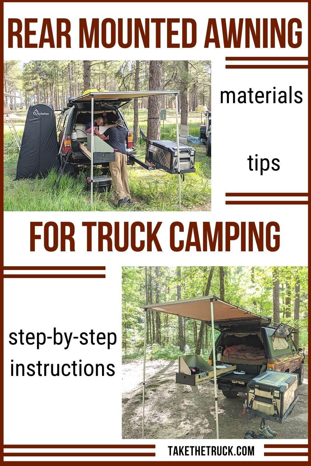 Researching truck camper awnings? This post tells how to mount a truck shell camper awning off the back of your truck. Having a truck camper rear awning keeps your kitchen out of the elements.